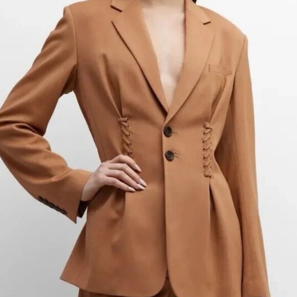 A.L.C. Blazer Maverick Jacket Long 2 Button Brown Lace Up Trim Size 8 - Picture 1 of 13